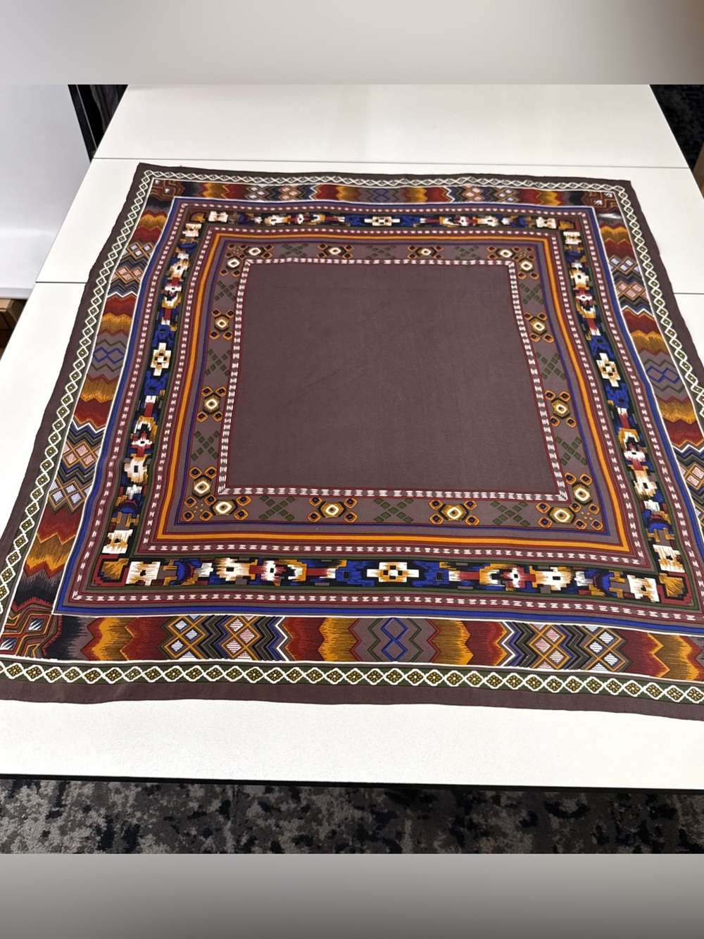 VTG Warm Brown Earth Tone Western Aztec Indigenous Silk Hand Rolled Scarf 29x31"